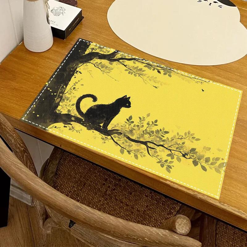 1PC Cartoon Black Cat Print Placemat Dining Table Decor Linen Tableware Coaster Set Kitchen Accessories For Kids Birthday Party