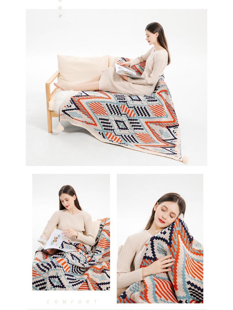 Boho Throw Blanket Ethnic Wave Tassel Knitted Sofa Cover Blanket Window Air Conditioning Blanket Cozy Office Home Napping Blanket