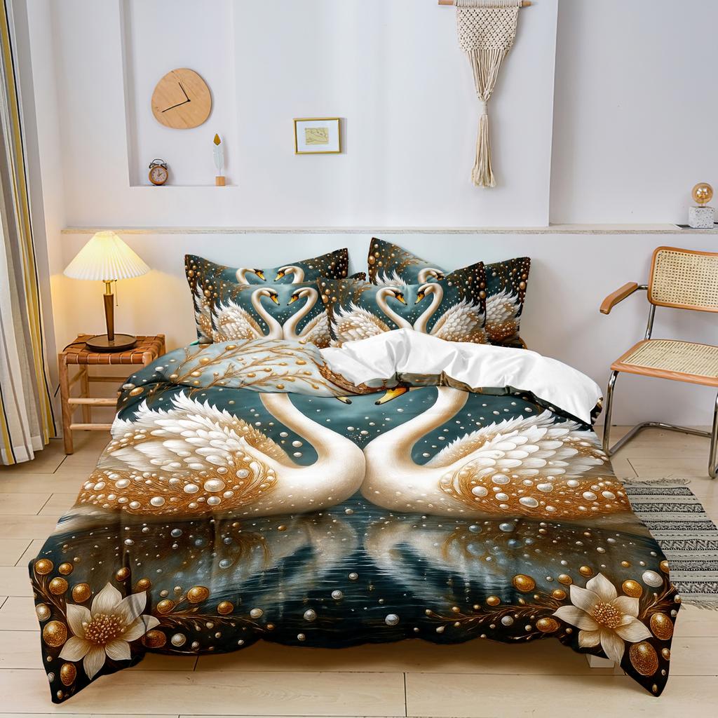 3 Pieces Deep Golden Pearl White Double Swan Print Duvet Cover Set, Floral Branch Water Reflection Luxury Art Print Bedding