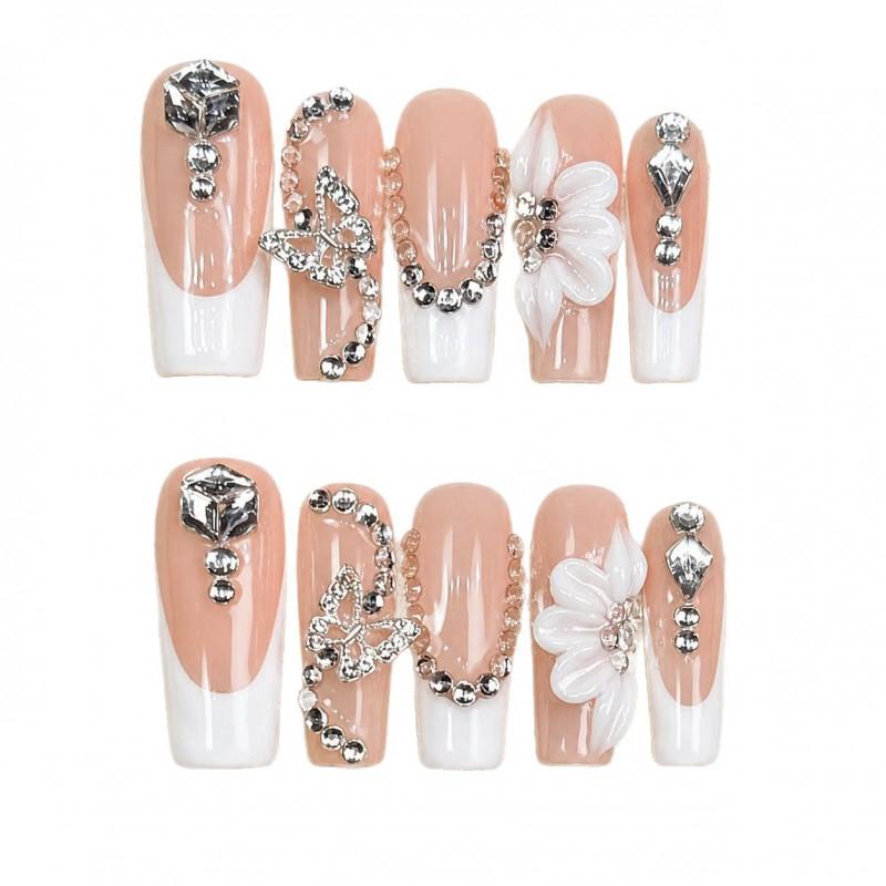 10pcs Handmade Press-On Nails French Style 3D Floral Butterfly Rhinestone Nail Tips Women Short Wearable Manicure