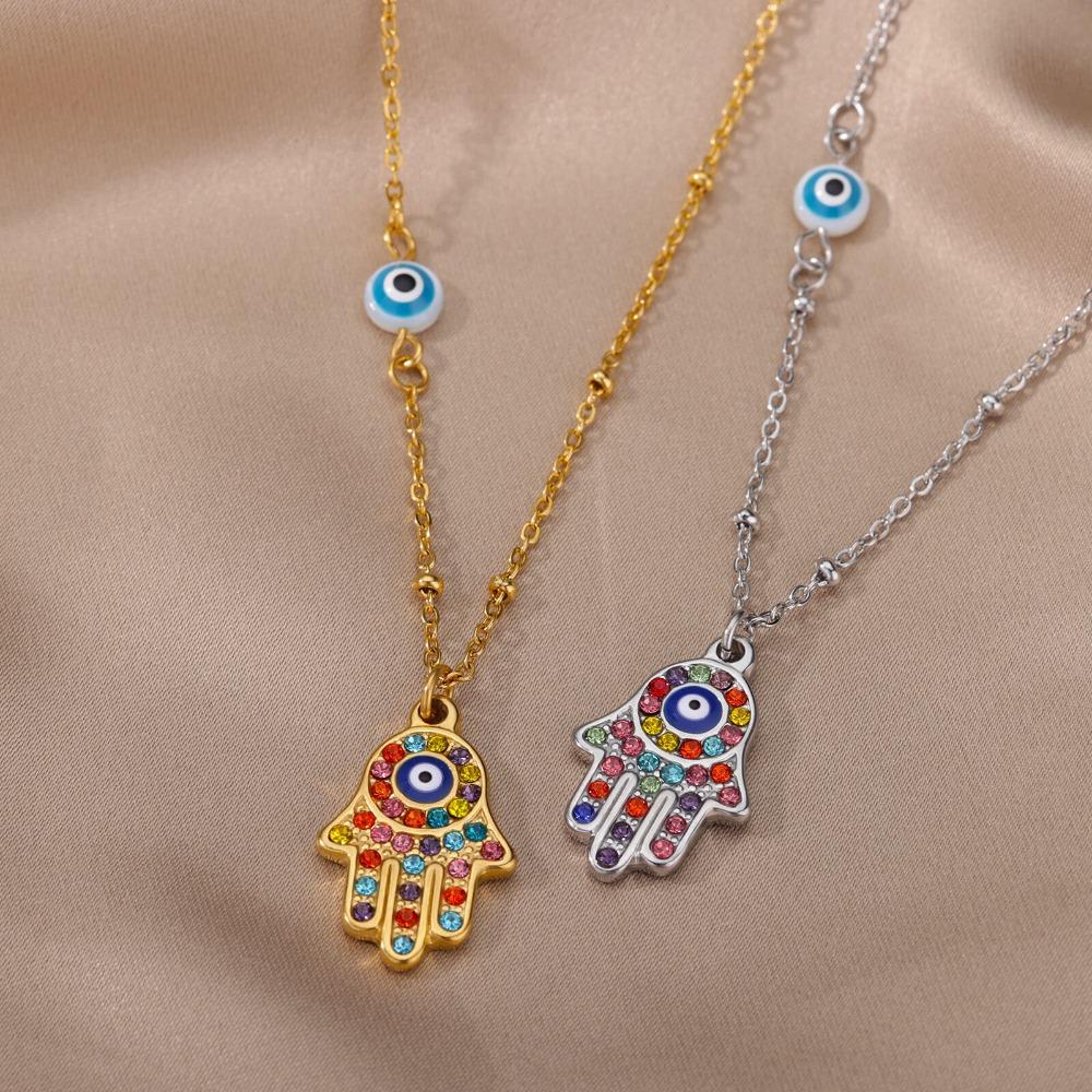 Personality Fashion The Eye of The Devil Fatima's Palm Colorful Zircon Pendant Necklace for Women Men Friend Amulet Jewelry Gift