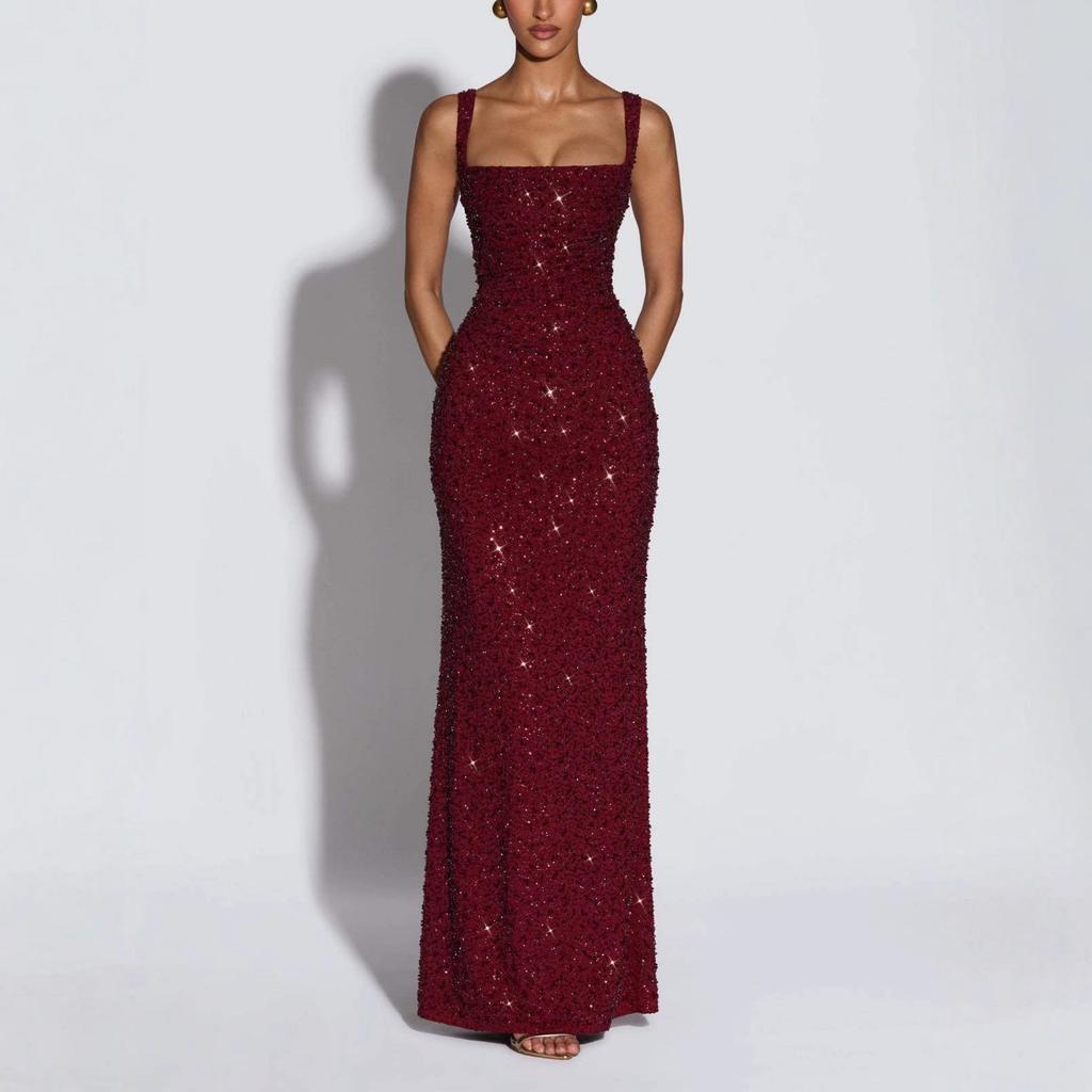 2025 European & American Sexy Spaghetti Strap Off-Shoulder Slim-Fit Shiny Dress