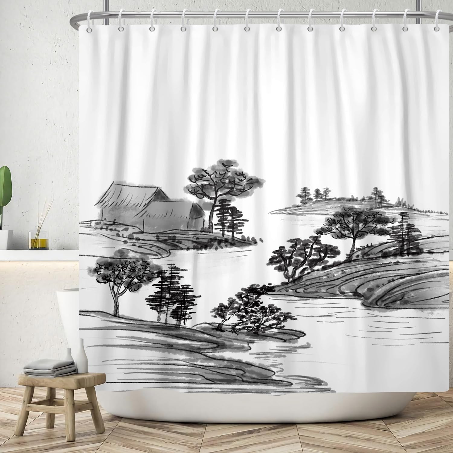 

Japanese Ink Shower Curtain Fog Mountain Boat Wild Goose Natural Landscape Outdoor Bathroom Decoration Hook Shower Curtain W60H190(CM)-1 Pcs
