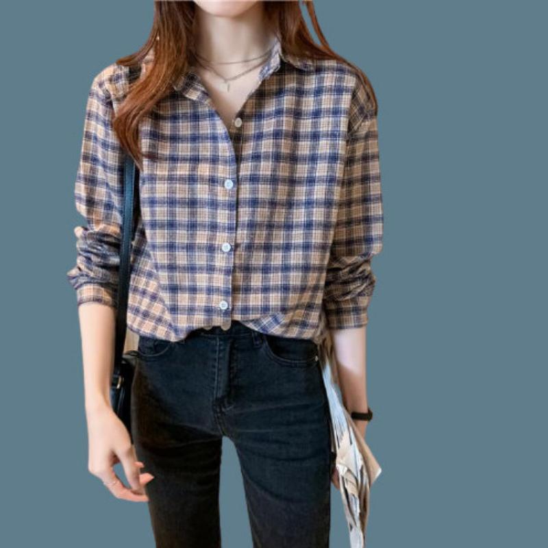 

WTEMPO новая повседневная клетчатая рубашка, женская корейская версия с длинными рукавами, свободный большой винтажный универсальный топ XXXL хаки