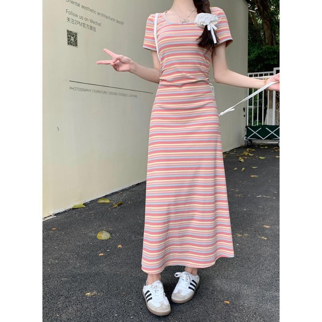 2026 Elegant Slimming French Rainbow Stripe Long Dress