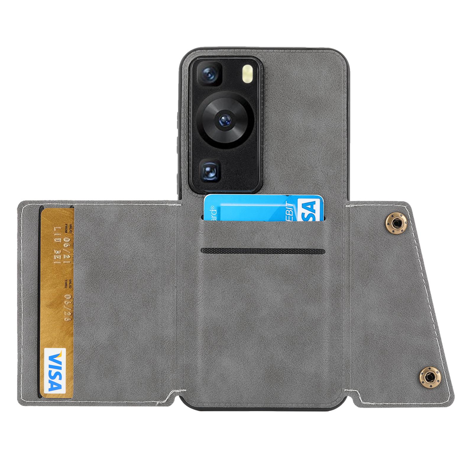 

For Huawei P60/P60 Pro Kickstand Case Card Holder PU Leather Coated TPU Phone Case with Car Mount Metal Sheet Grey