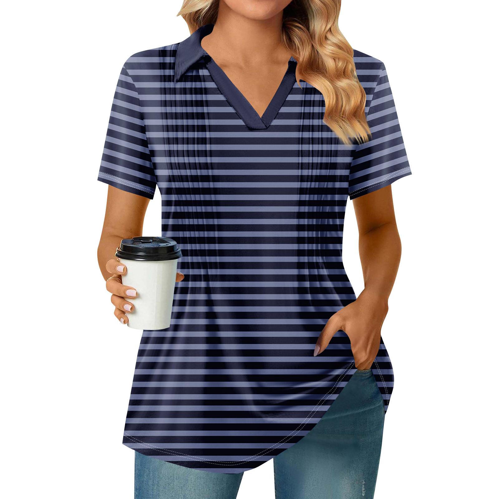 

Женские футболки с коротким рукавом, плиссированные, с V-образным вырезом, с принтом, с воротником, летние топы, модные, деловые, повседневные, рабочие XXL