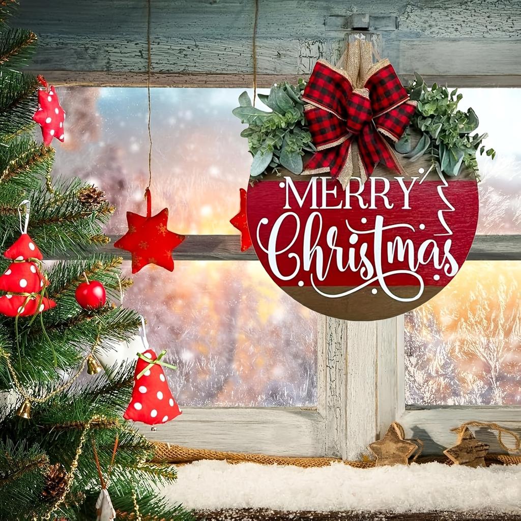 2D Flat Christmas Wooden Wreath Sign - Artificial Winter Door & Wall Decoration for Holiday Parties and Home Decor