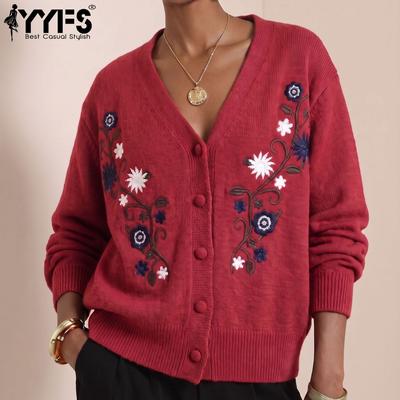 Damenmode Lässig Herbst Winter Blumenmuster Druck Langarm V-Ausschnitt Pullover