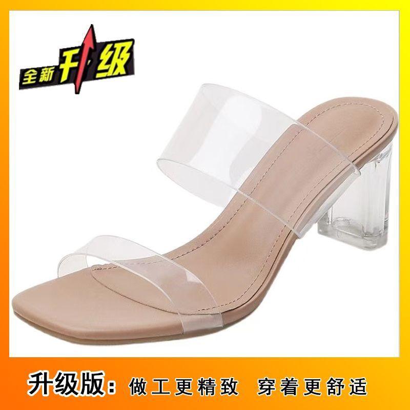 2025 new open-toed transparent word with waterproof table slippers women's simple crystal thick heels high heels sandals