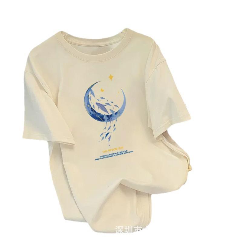Pure Cotton Loose Short-sleeved T-shirt Women's Summer Wear New Beautiful Top Design Sense Moon Print Women's Crew Neck Spring and Autumn