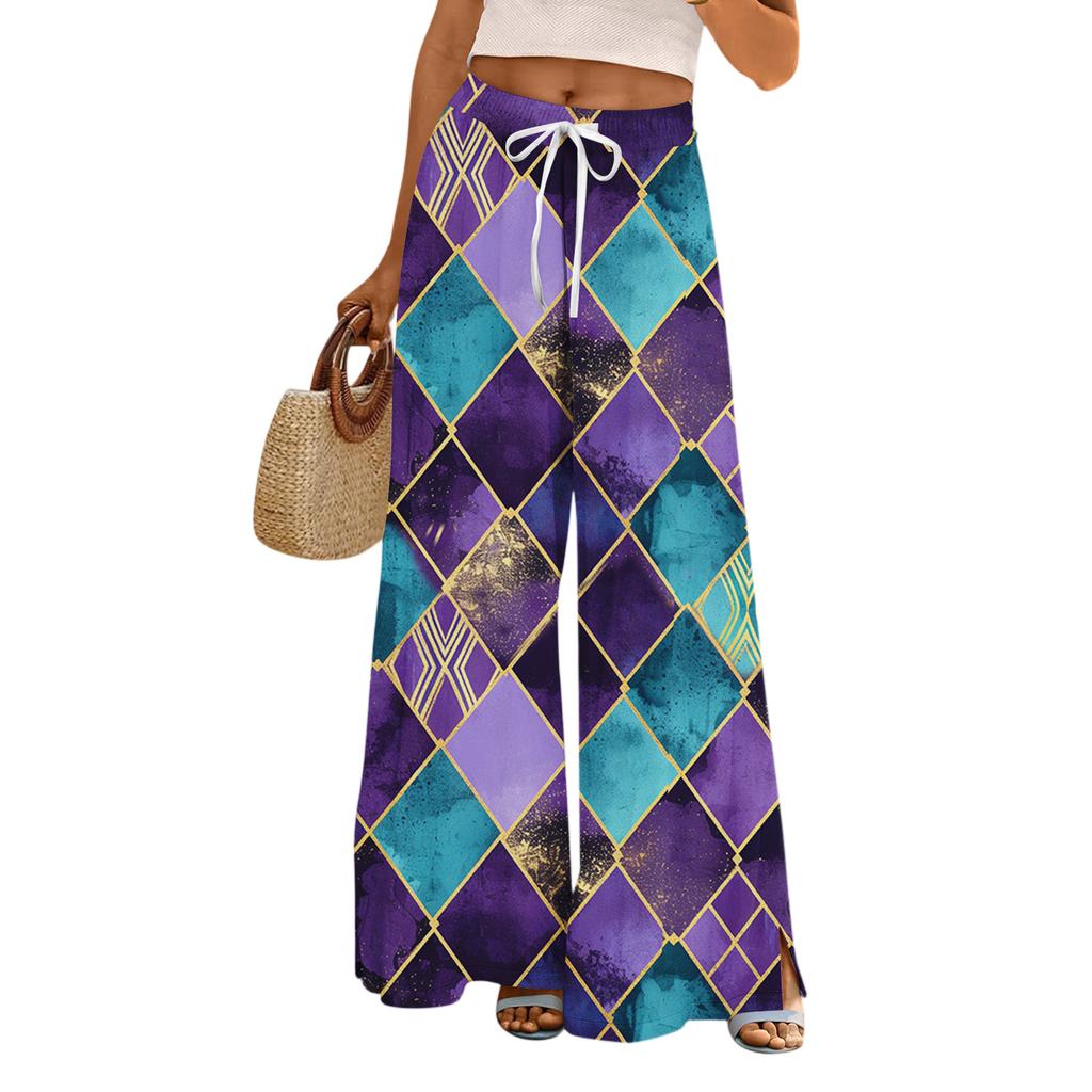 Ladies' Loose And Casual Printed Wide Leg Pants With Elastic Waistband Drawstring And Pocket Pants