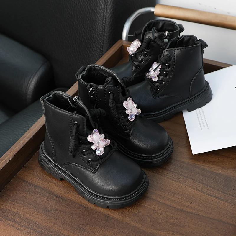 Cute Fashion Girl's Ankle Boot New Black Versatile Children Causal School Leather Boots Cartoon Bear Trend Kids Boots Non-slip