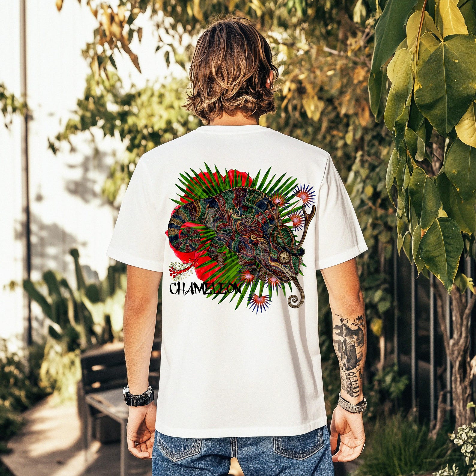 Ancient Chameleon Back Print T-Shirt | Colorful Tropical Lizard Reptile Nature S