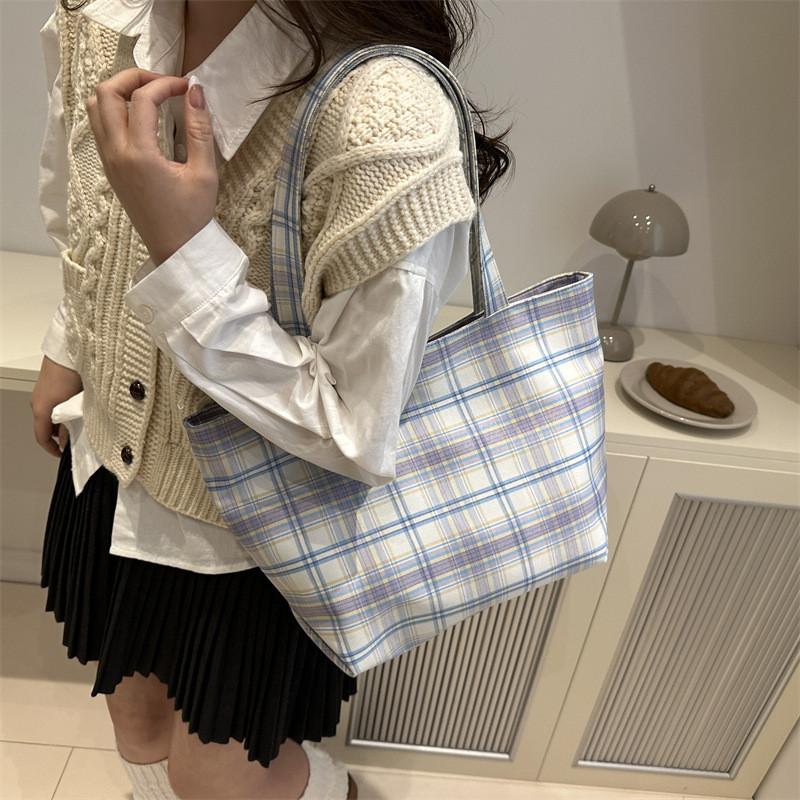 Stylish Colorblock Plaid Tote Bag For Women In Pink Blue And Purple For Everyday Use
