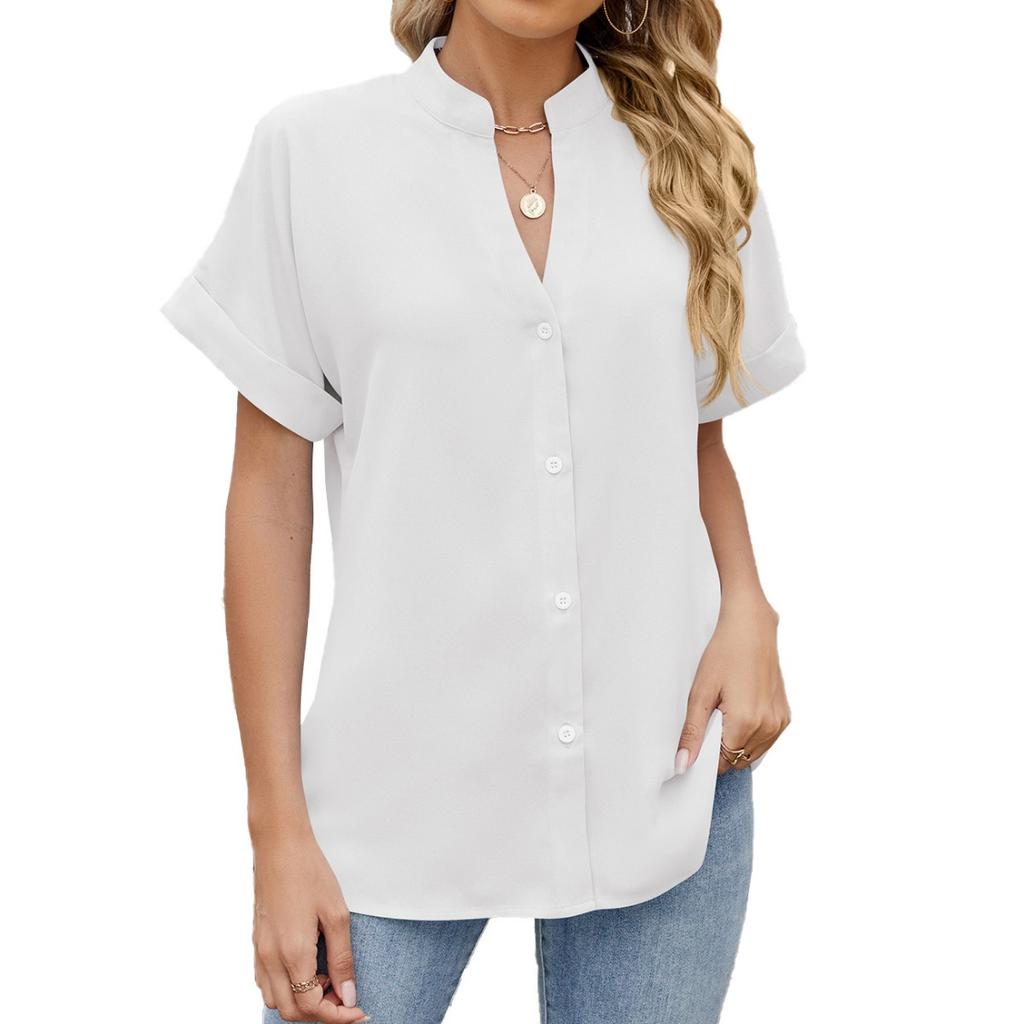 Spring Summer New Solid Color V-neck Loose Short Sleeve Button Down Chiffon Blouse for Leisure Europe America Leisure Trade