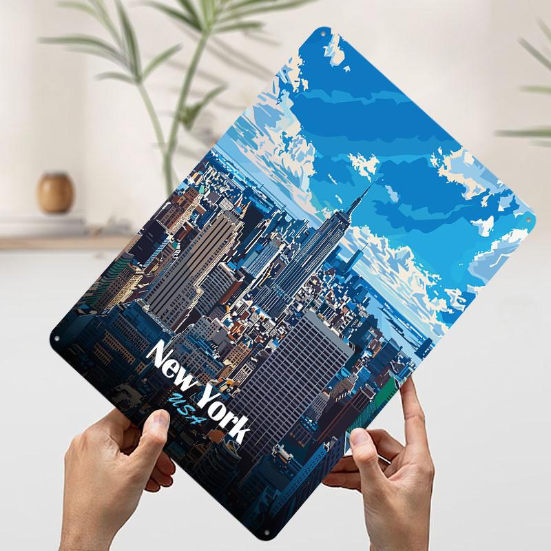 New York City Skyline Illustration Printed Poster Customized Wall Art Retro Vintage Metal Tin Signs for Room Decoration Bedroom