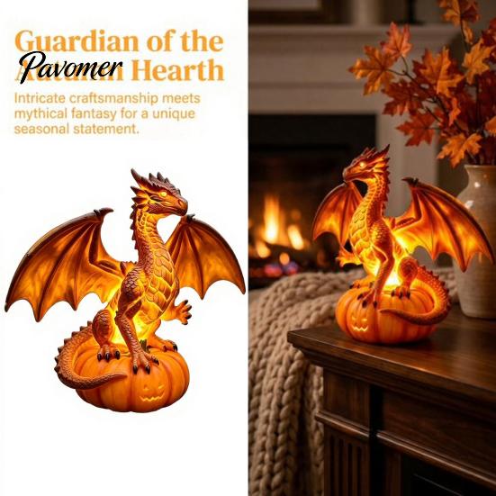 Autumn Holiday Party Ornament Dragon Solar Garden Light, Halloween Night Resin Gothic Pumpkin Warm Ambient LED Nightlight Statue, Medieval Fantasy for
