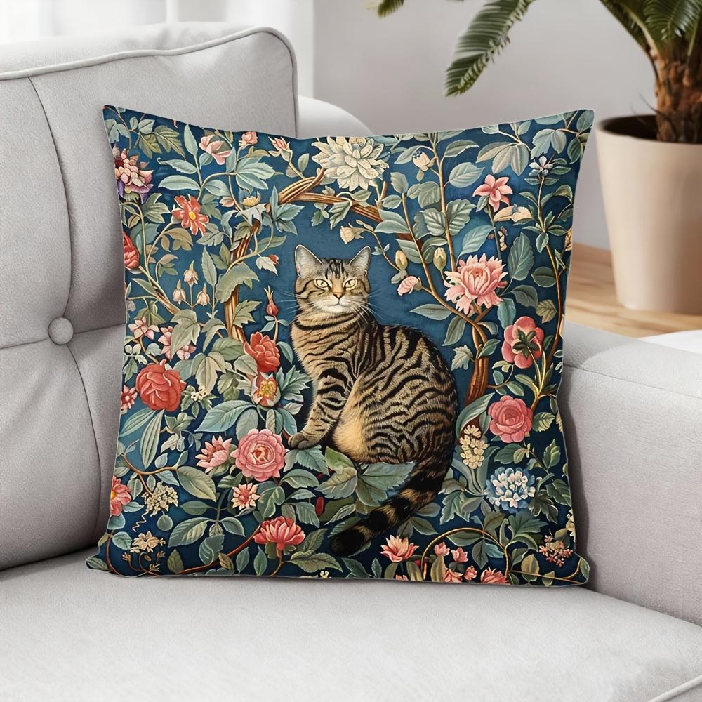 1Pc Tabby Cat Vintage Floral Printed Throw Pillow Cover, Suitable For Sofa, Bedroom, Living Room, Elegant Gift For Cat Lovers.