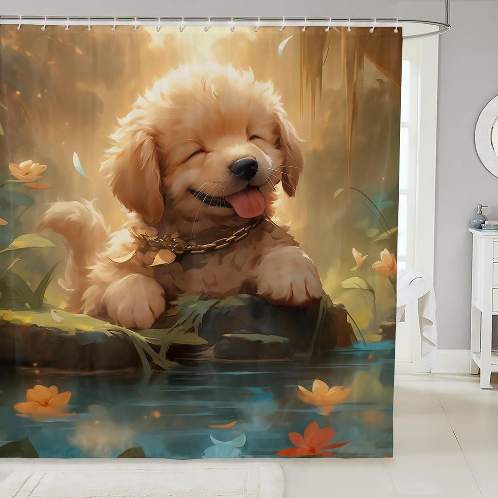 Cute Corgi Waterproof Bathroom Curtain Dog Pet Shower Curtain Splatters Bath Curtain Cartoon Watercolor Waterproof Fabric