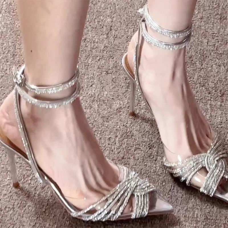 Women High Heeled Sandals 2026 Summer New Clear PVC Sandals Luxury Silver Crystal Pumps Sexy Pointed Toe Banquet Shoes