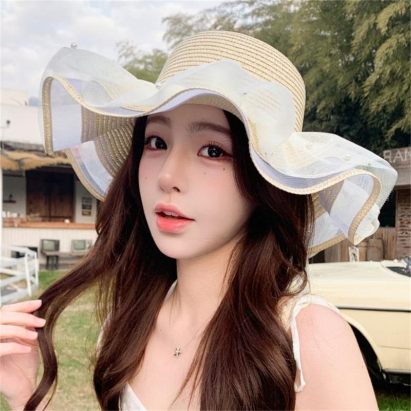 Elegant Sun Hat For Women Paper Straw Breathable And Foldable Lace Bowknot Wide Brims Panama Hat for Camping Travel