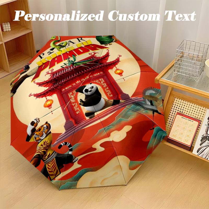 8‑Rib Automatic Umbrella, Kung Fu Panda Design Foldable Umbrella for Sun Rain Protection Travel