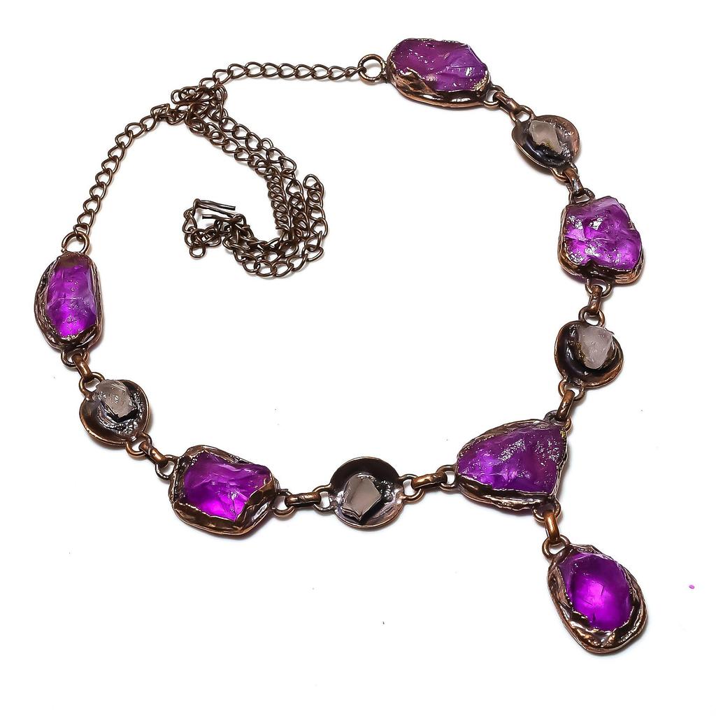 Ruby & Rose Quartz Handmade Gemstone Necklace, Copper Electroformed Necklace Antique Jewelry, Adjustable Necklace Engagement Gift