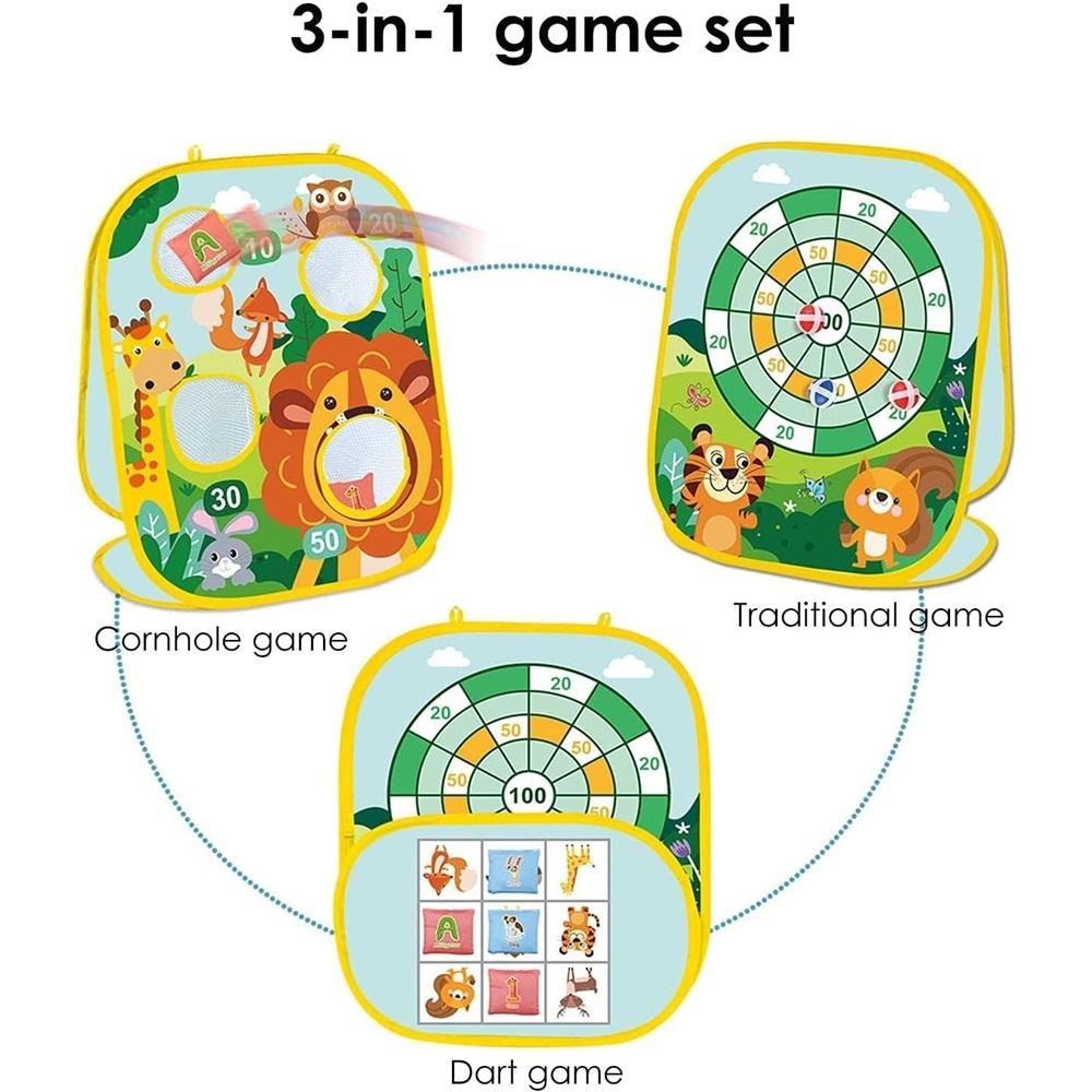 3 In 1 Throwing Bean Bag Game Toy, Lion Forest Theme Collapsible Cornhole Game, Safety Darts And Tic Tac Toe For Indoor And Outdoor Garden Parties