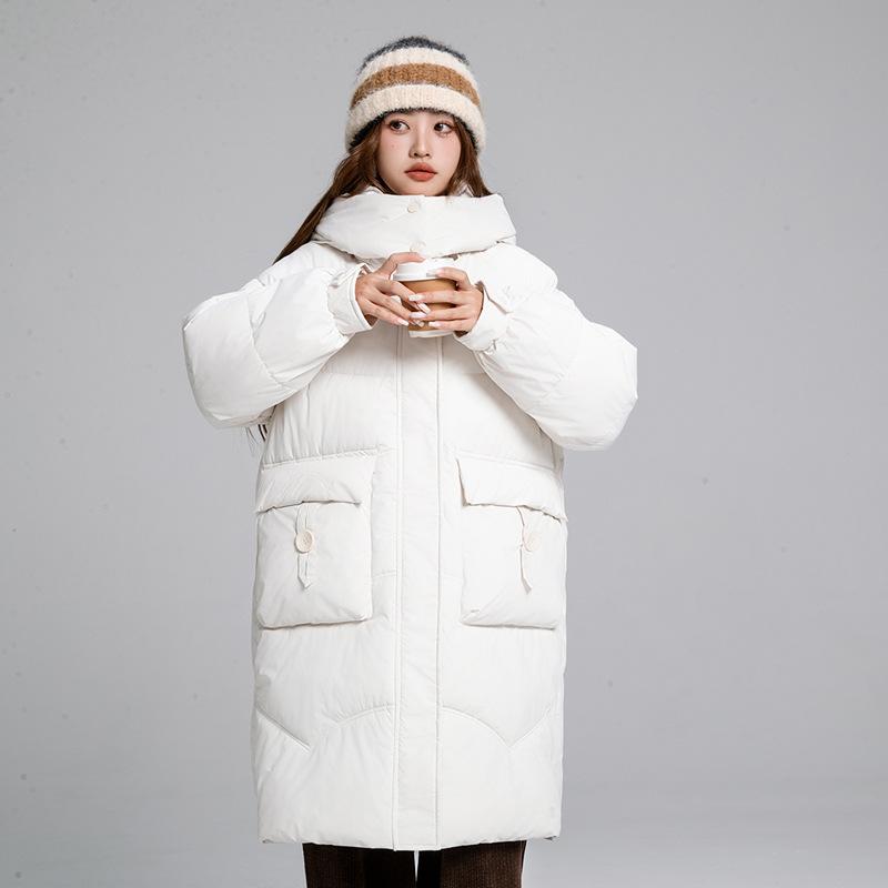 2025 winter new mid-length down padded jacket large size loose Korean over-the-knee padded jacket women's detachable hat