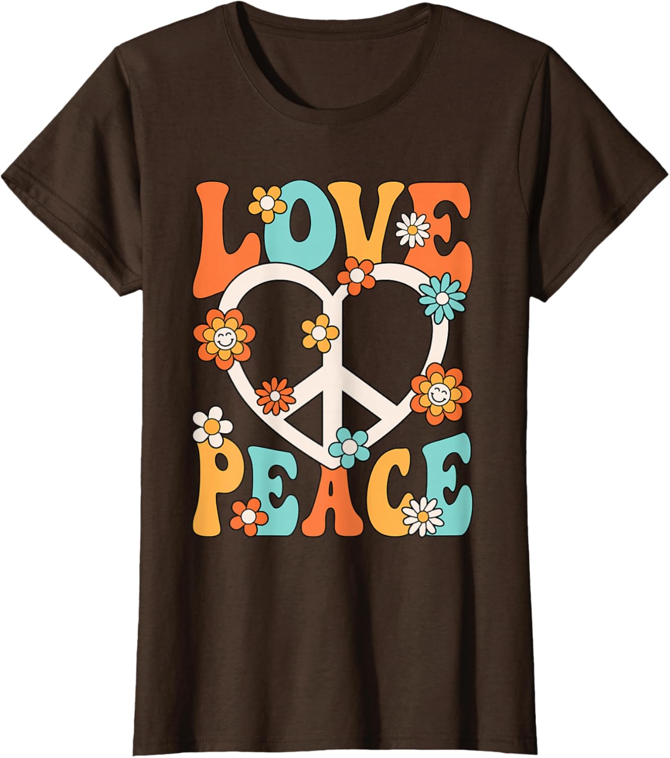 

Love Peace Sign Groovy Hippie Graphic Tee Retro 70s Style Cotton T-Shirt for Women M