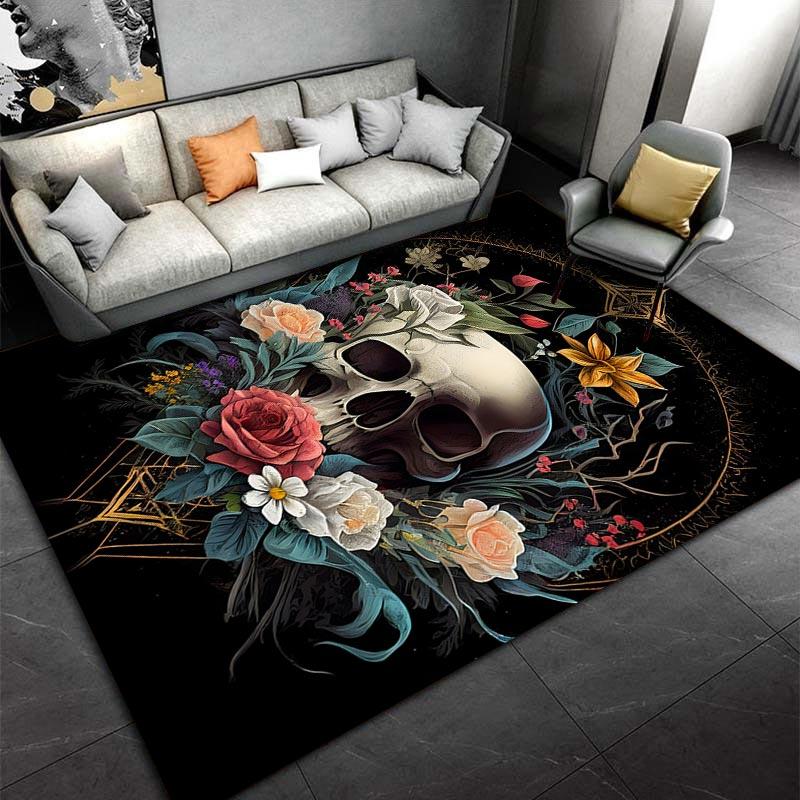 Floral Skull Print Decorative Carpet with Black Background, Gothic Style Suitable for Use As an Anti-slip for Living Room Bedroom Sofas