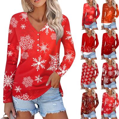 Women's Casual Fashion Sexy Comfort Christmas Printed V-Neck Button Long Sleeve