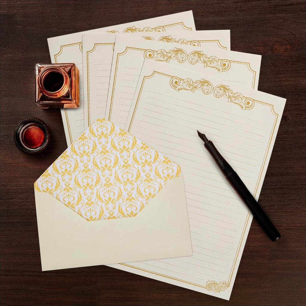 Paper Junkie Letter Paper & Envelopes Set - 60 Sheets (7.2 x 10.2 In) & 30 Ivory Envelopes (4 x 7.7 in), Gold Border, 100 GSM - Vintage Lined