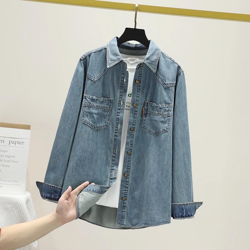 Autumn Denim Mid-Length Women's Long Sleeve Loose Shirt Outerwear