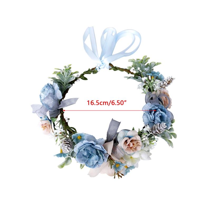 Blue Flower Hair Wreath Headband Crown Garland with Adjustable Ribbon Festivals Wedding Party Headpiece for Women Girl
