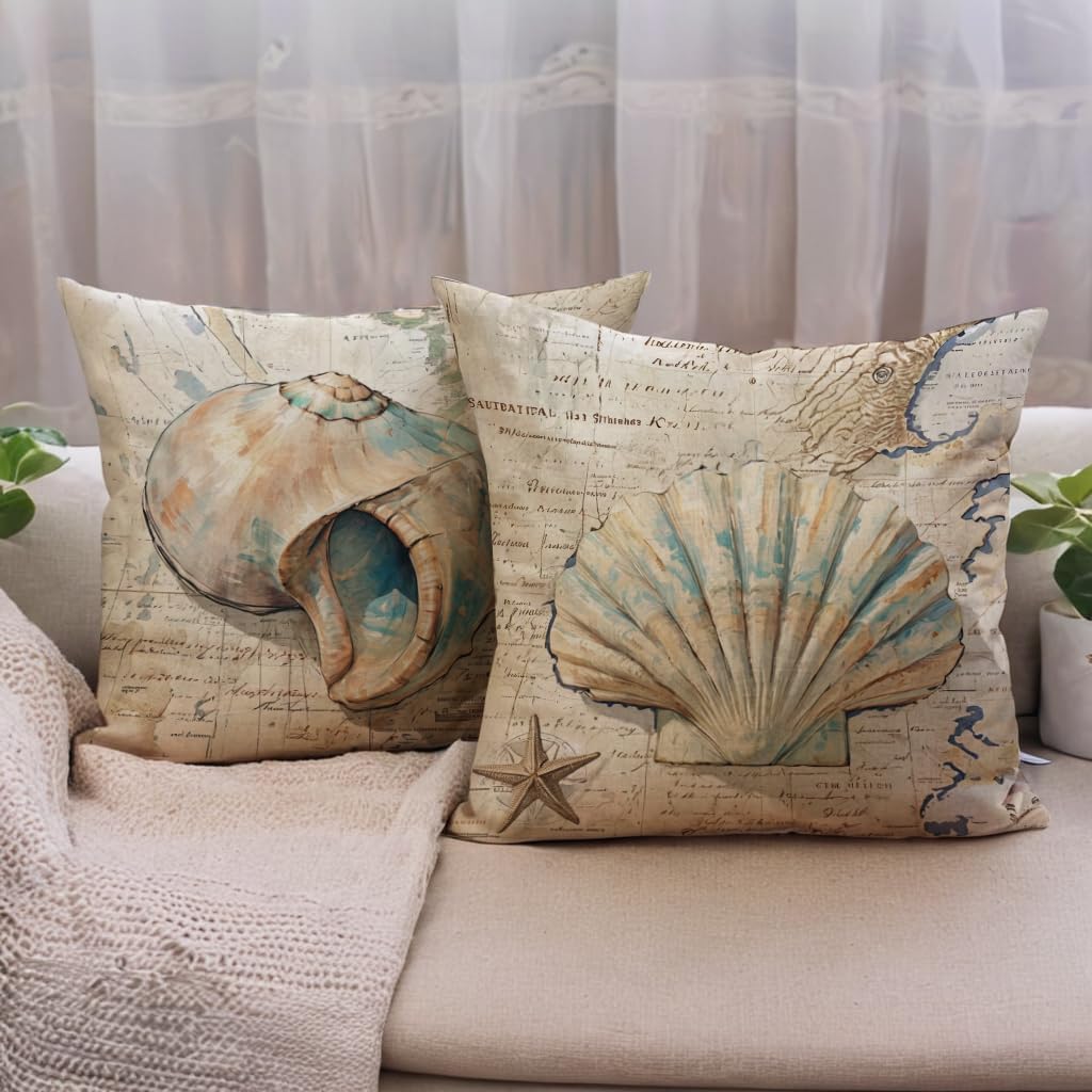 7COLORROOM Nautical Throw Pillow Covers 18 X 18 inches,Vintage Map Background Seashell Starfish Cushion Cases Beach Sea Style Design Home 4Pack