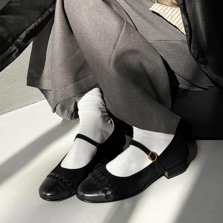 Vintage Mary Jane shoes frosted sheepskin one-word strap single shoes women's 2025 autumn new low-heeled all-leather women's shoes
