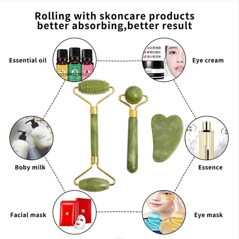 Natural Jade Roller Massager for Face Body Back Foot Massage Roller Facial Liftting Anti-wrinkle Double-end Gua Sha Jade Stone