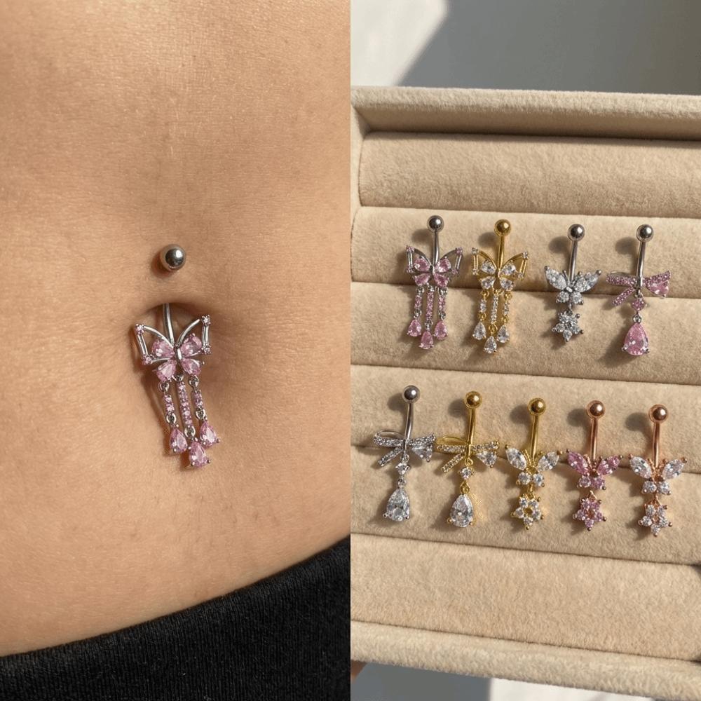 Zircon Dangled Belly Ring Elegant Curved Barbell Daily Butterfly Navel Piercing  Summer
