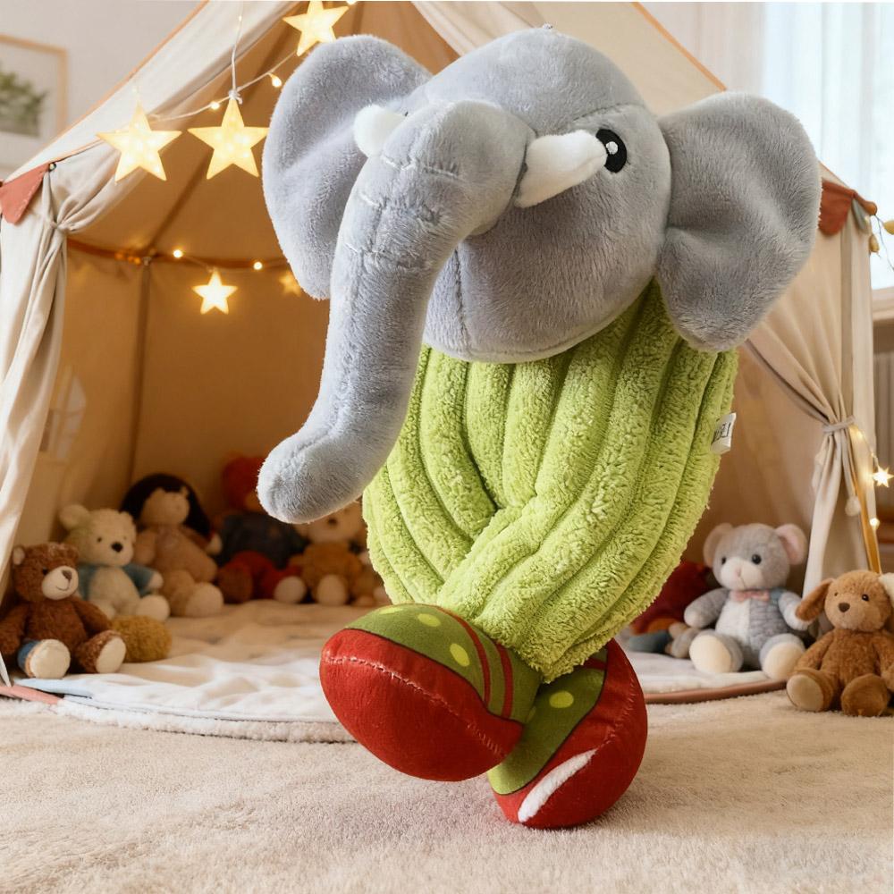 “Cartoon Stuffed Elephant Plush Toy Gray Head & Trunk with Green Striped Body Red-Yellow Polka Dot Feet