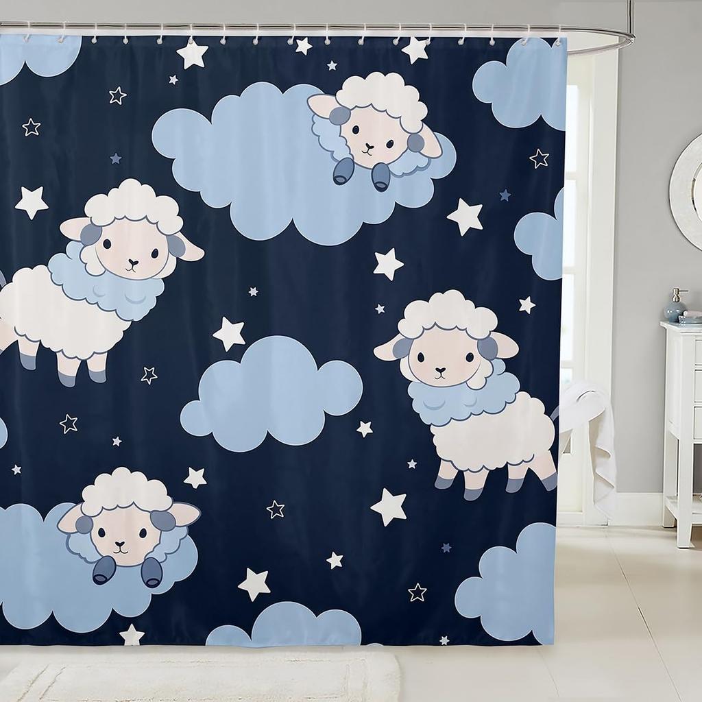 Cartoon Sheep Bath Curtain Cute Farm Animal Shower for Kids Boys Girls,Pink White Flower Floral Bathroom Curtain Botanical