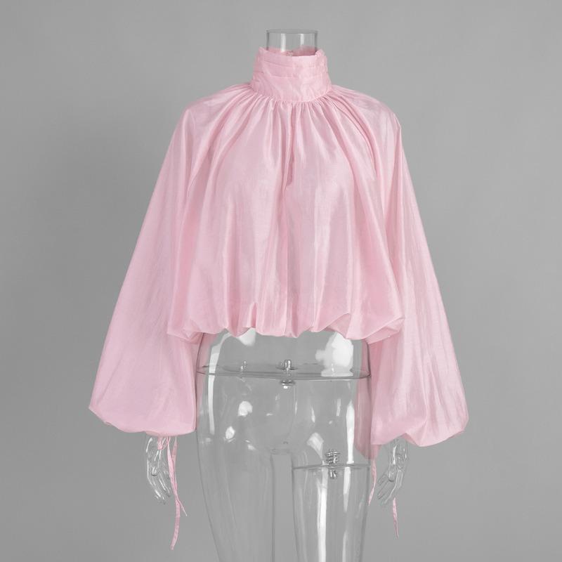 Talenza Spring Pink Blouses Women'S Fashion High-Neck Ruffled See-Through New Shirt Casual Loose Chic Commuter Female Shirt Top