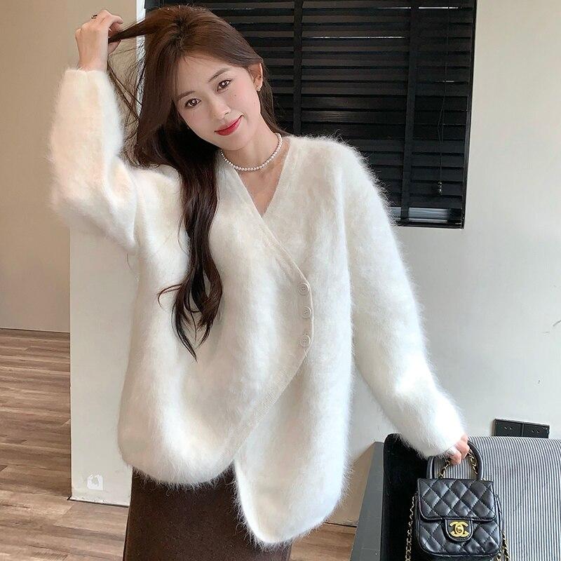 

Осенне-зимний свитер-кардиган с v-образным вырезом и длинными рукавами, маленькая ароматная норковая шуба, винтажный однотонный повседневный свитер, женский кардиган One Size белый