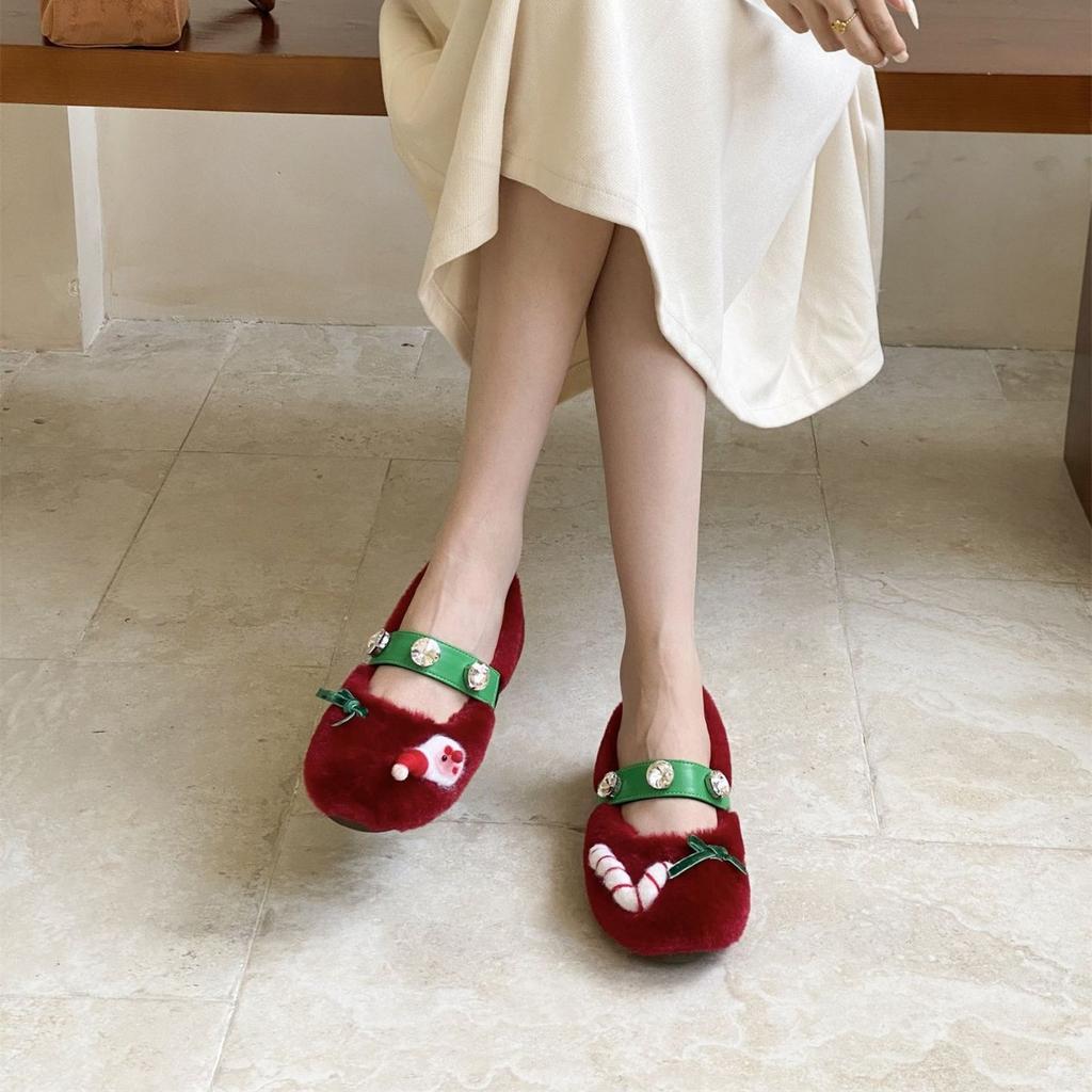 2025 autumn fashion word with rhinestone bow, light mouth, thick sole, fluffy, versatile, and sweet single shoes