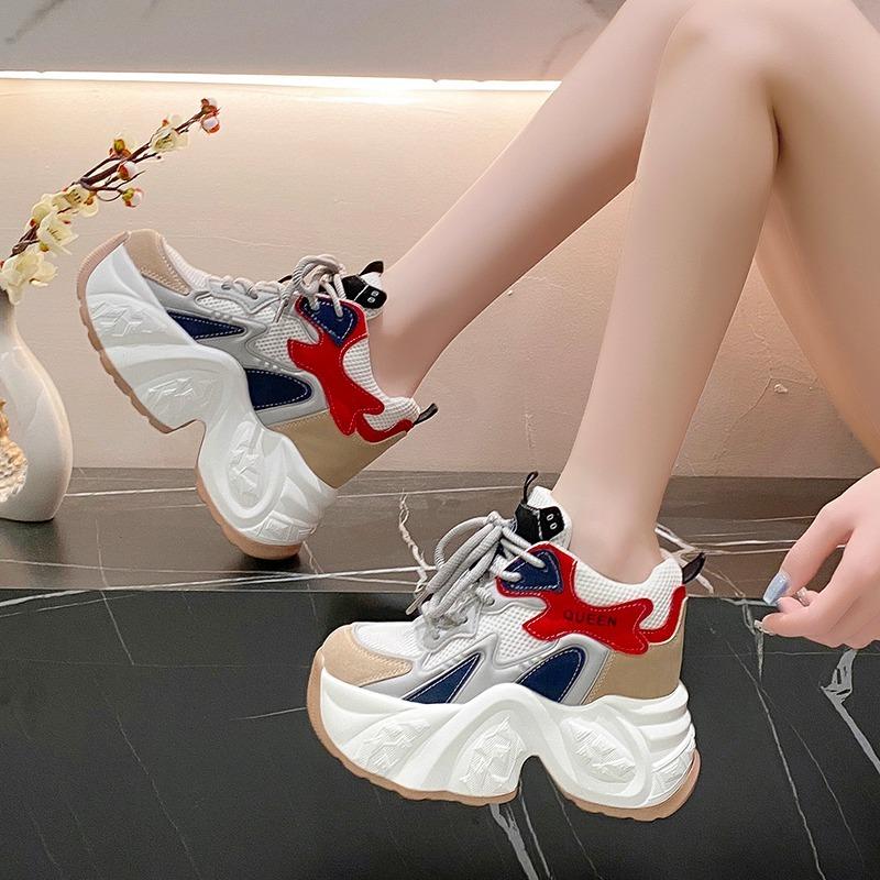 Mode 10CM Neu 2024 Frühling Damen Atmungsaktive Mesh Klobige Sneakers Hohe Plateau Freizeitschuhe Schnürschuhe Sommer Sport Lederschuhe Frau