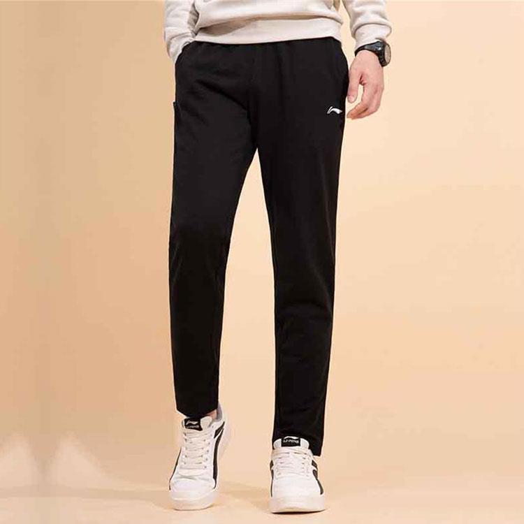Li Ning Plain Logo Elastic Waist Straight Leg Sports Pants Men Bottoms Black AKLRB63-1