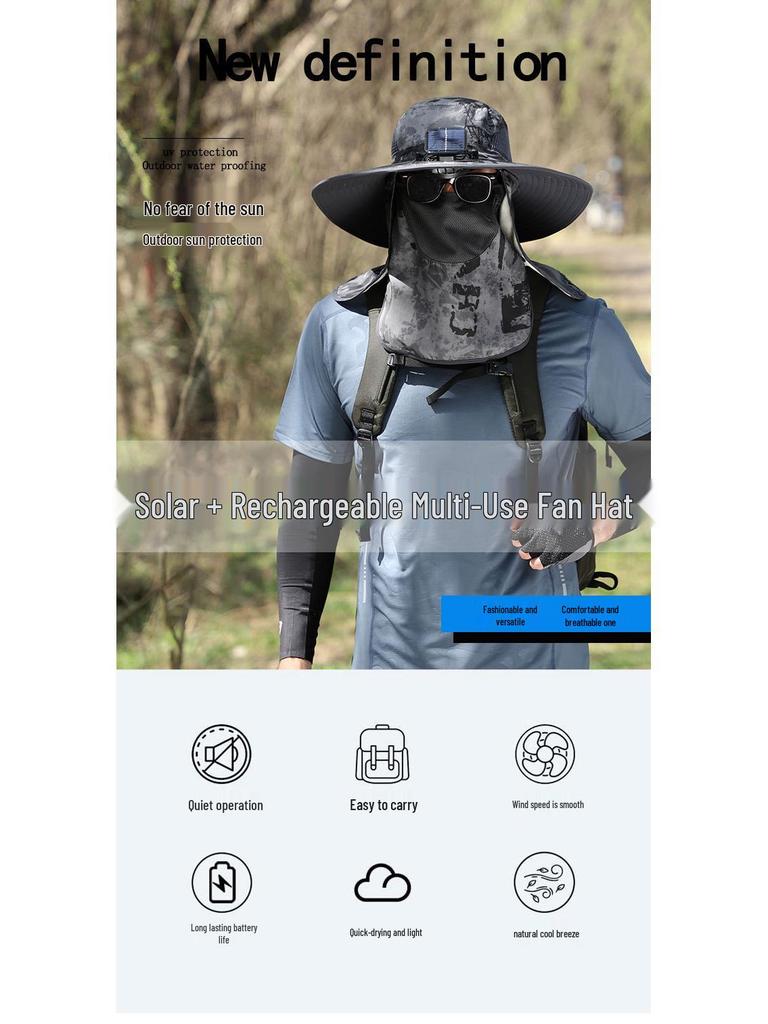 Men's Solar Rechargeable Sun Hat with Dual Fans and Face/Neck Protection for Summer Outdoor Hiking