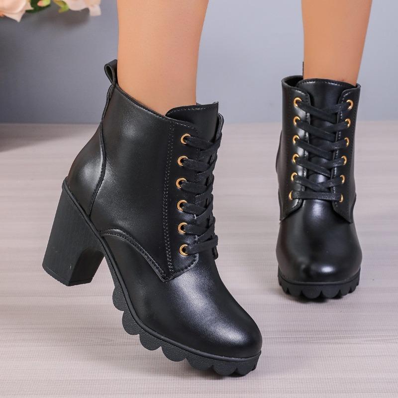 Low Tube High Heel Women's Boots Autumn and Winter Wear Thick Heel Waterproof Table Lace-up Large Size Martin Boots