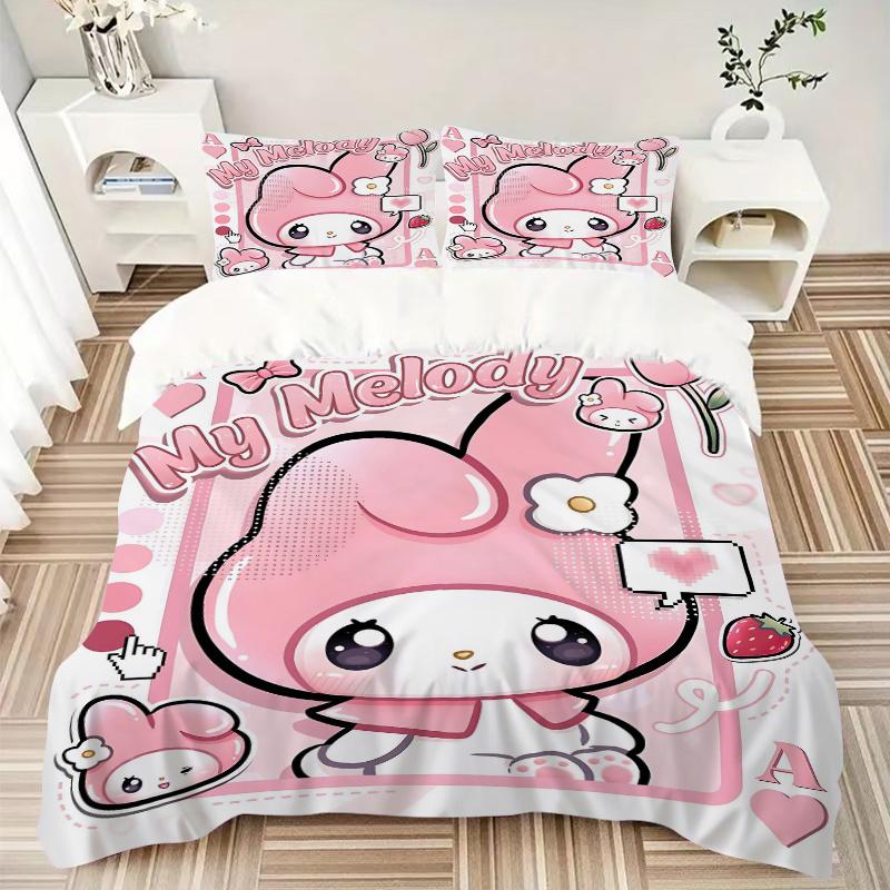 3pcs Pink Bunny My Melody Pattern Bedding Set, 1* Cover + 2*Pillowcases, Printed Bedding Set, Soft and Comfortable H085